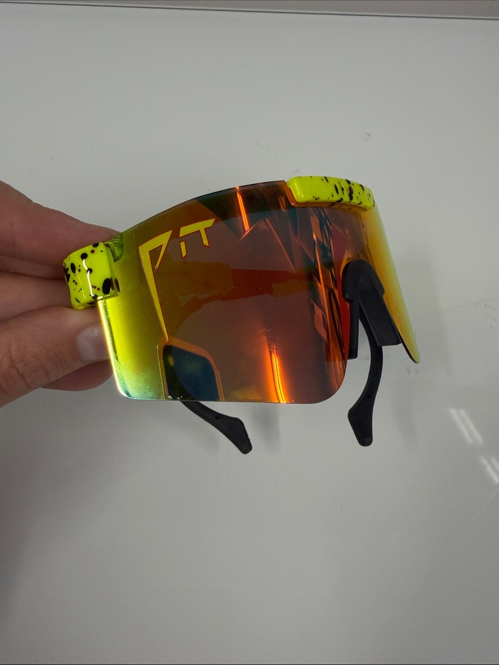 Pit Viper Mirrored Sports Visor Sunglasses - Neon Yellow Frame, Orange Red Lens